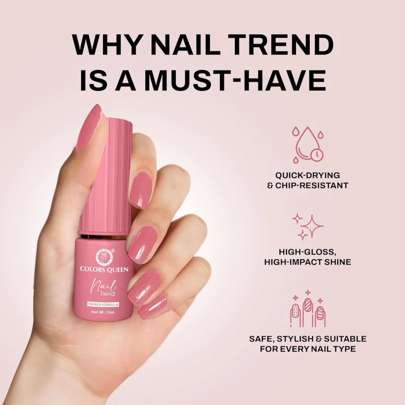 Colors Queen Nail Trend Glossy Nail Polish | Chip Resisting & Quick Drying Nail Paint with High Shine | 7 Toxin Free Formula | Vegan & Cruelty Free | Long Lasting & Vibrant Nail Paint for Women (Delicate Rose, 13ml) thumbnail 4